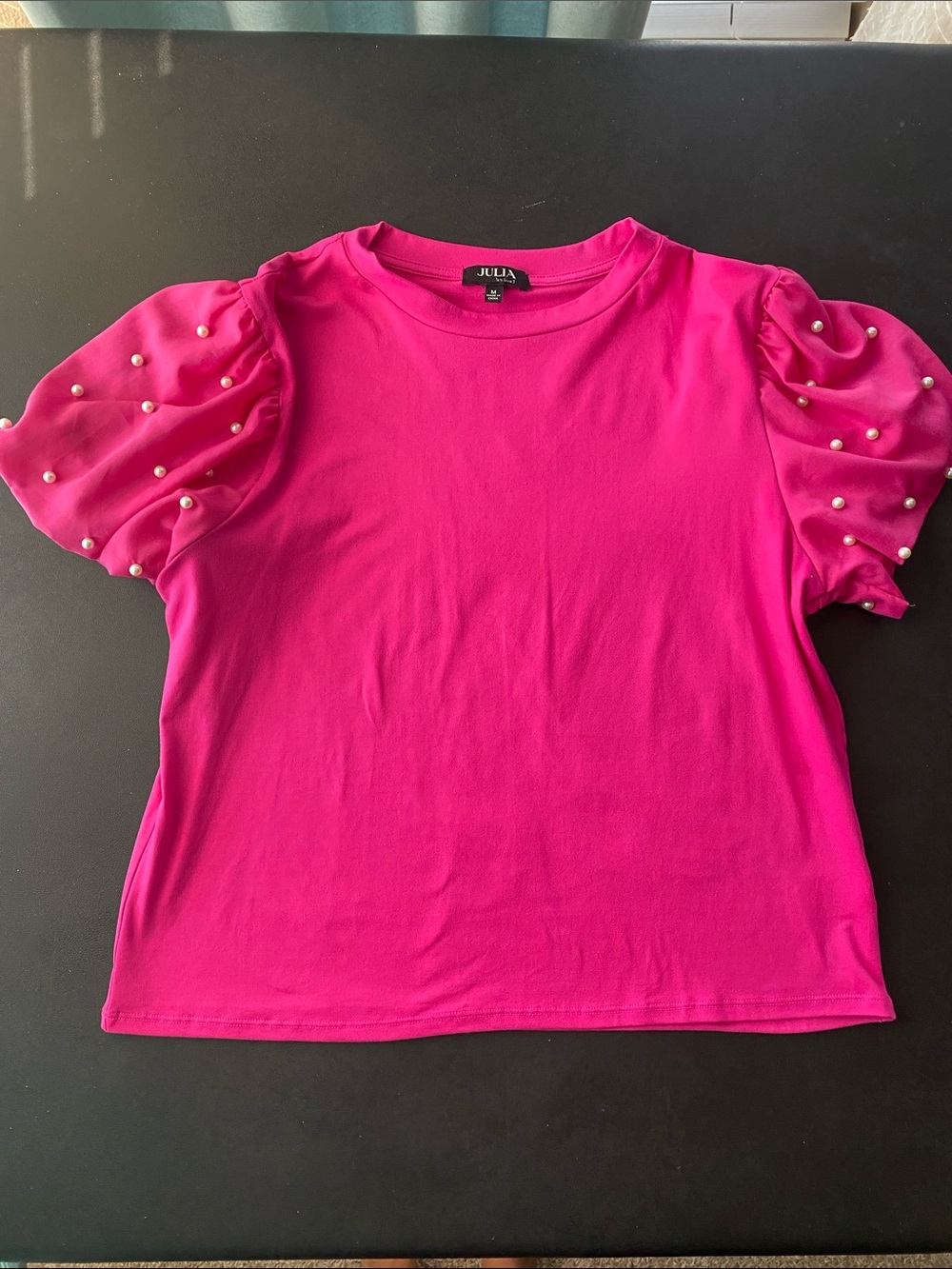 Marshalls Hot Pink Puff Sleeve Top with Pearl Accents